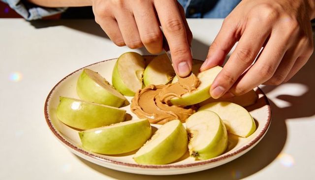Dipping green apple slices into peanut butter on ceramic plate, closeup snack scene