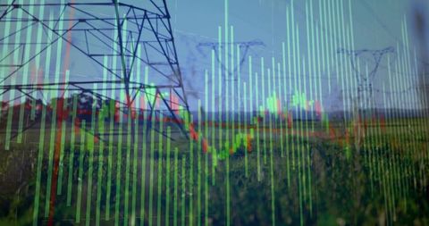 Power Transmission Towers with Financial Data Overlay Showing Renewable Grid Market Trends