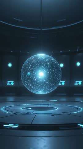 Vertical Video: Activating Holographic Sphere Rotating Particles in Futuristic Data Chamber