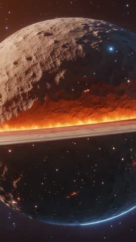 Vertical cinematic video of cratered moon drifting past molten equatorial band and faint ring