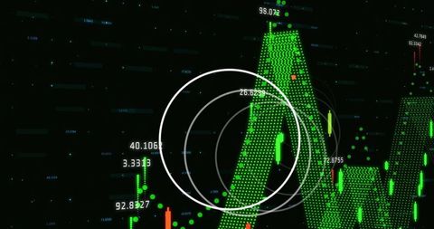 Futuristic Neon Trading Dashboard Showing Green Candlestick Peaks and Concentric Data Rings