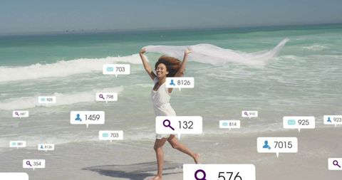 Joyful Woman Running on Beach Surrounded by Social Analytics Icons