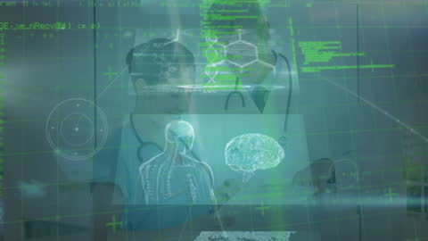 Futuristic Medical Data Interface with Doctors Analyzing