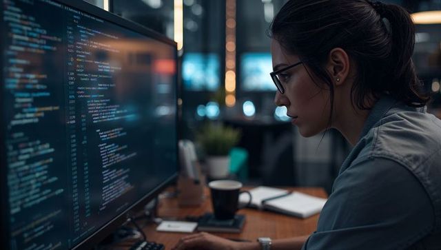 Female developer concentrating on code on wide monitor in moody late-night workstation