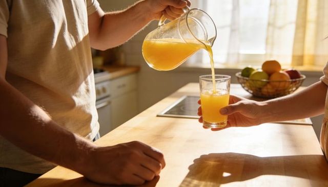 Couple pouring fresh orange juice into glass on warm sunlit kitchen counter morning scene