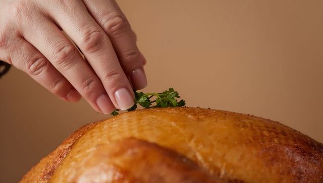Woman's manicured hand garnishing roasted turkey with fresh parsley sprig closeup