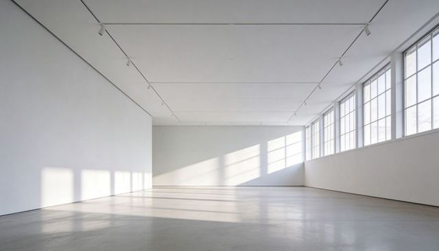 Minimalist gallery bathing in soft daylight, grid windows casting long geometric shadows