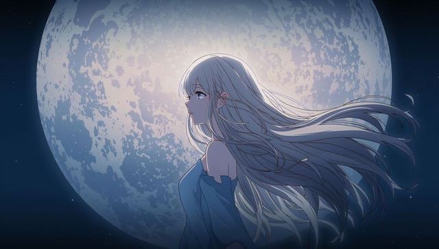Ethereal Anime Character Gazing at Luminous Full Moon