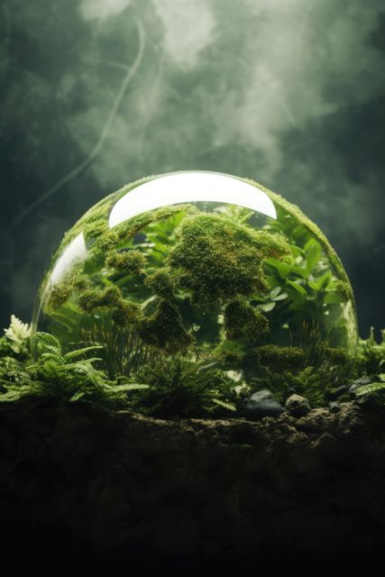 Glass dome enclosing vibrant moss and lush plants, perfect for knowledge of botany and home decor. Ideal for illustrating sustainable living, nature conservation, indoor gardening, and the serenity of natural elements.