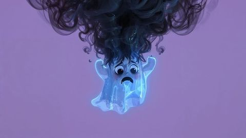 Whimsical blue ghost beneath negative energy curling dark tendrils in surreal setting