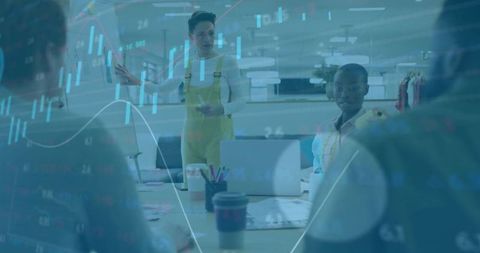 Creative Team Discussion with Dynamic Financial Graph Overlay