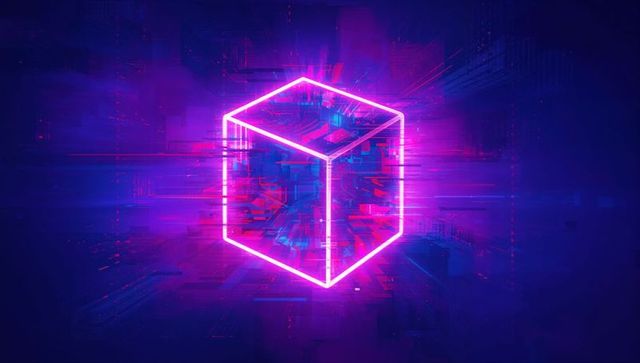 Neon Cube in Digital Space with Glitch Effects and Light Trails