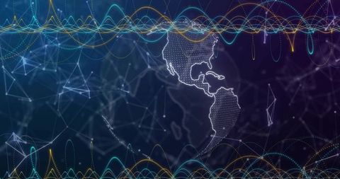 Connecting americas network with glowing dotted map and colorful waveform data streams