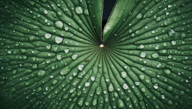 Macro lotus leaf displaying radial venation and glistening dewdrops around central slit