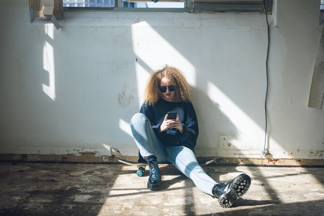 Young woman with curly hair sitting on the floor of an empty warehouse, using her smartphone. She is wearing sunglasses and casual clothing, creating a relaxed and trendy atmosphere. Ideal for themes related to urban lifestyle, technology use, social media engagement, and modern youth culture.