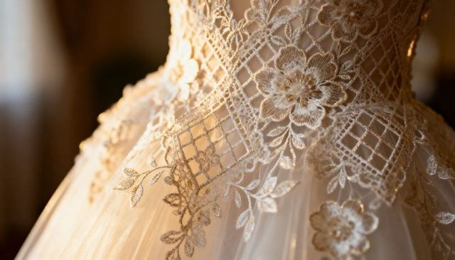 Ornate lace bodice and tulle skirt of bridal gown with gold embroidery and beading