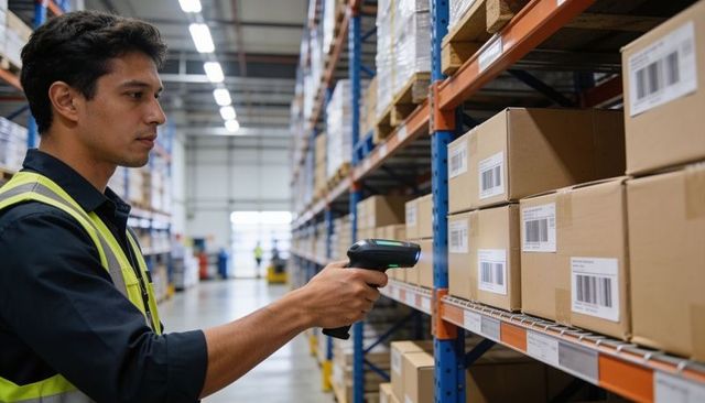 Warehouse worker scanning barcodes on boxes in high-visibility vest for inventory control