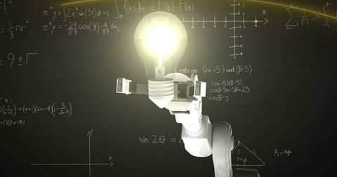 Robotic Arm with Light Bulb Against Mathematical Equations - Download Free Stock Images Pikwizard.com