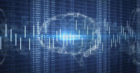 Futuristic brain model against digital code backdrop