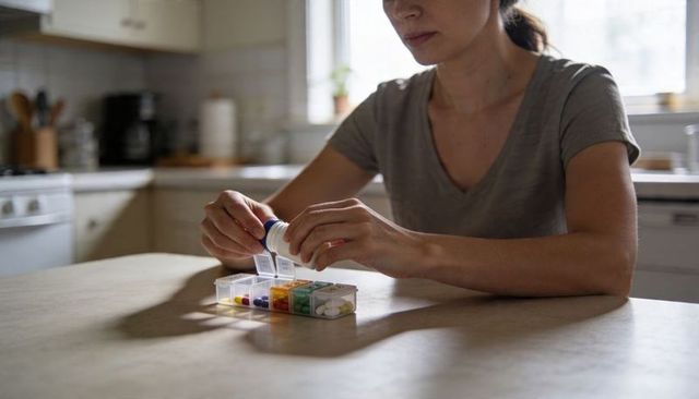 Woman sorting daily medication into pill organizer at kitchen table