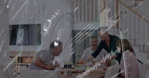 Multigenerational Family Mealtime Gathering at Dining Table with Financial Chart Overlay