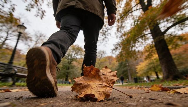 Walking through autumn park, close-up of brown boots stepping past maple leaf