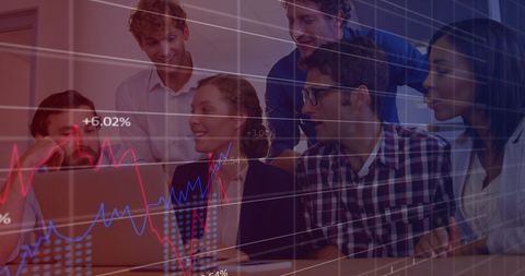 diverse team analyzing business data on laptop with graph overlay - Download Free Stock Images Pikwizard.com