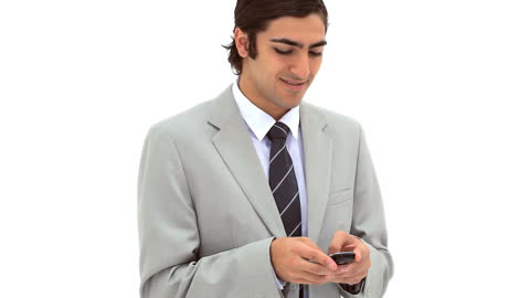Smiling Businessman Texting on Smartphone with Confidence