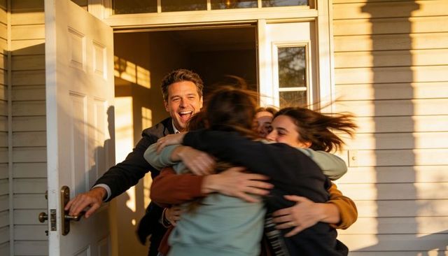 Sunlit family reunion embracing at home entrance during golden hour
