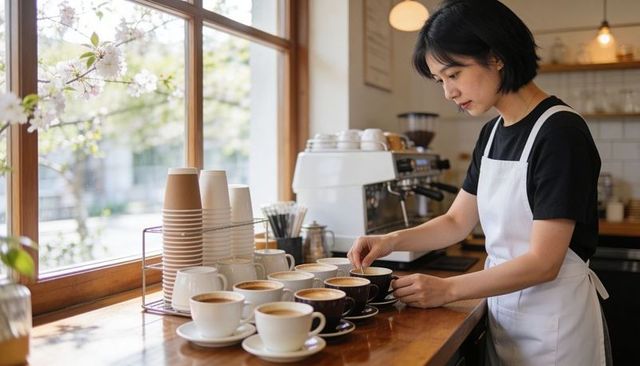 Barista preparing multiple coffees on sunlit wooden counter in cozy floral cafe