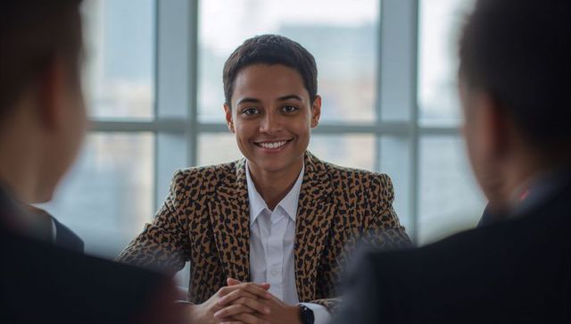 Confident young professional smiling during board meeting wearing leopard blazer