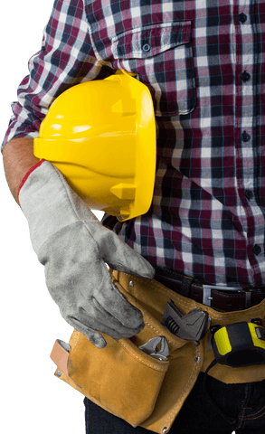 Caucasian builder holding yellow hard hat on transparent background
