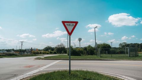 Yield sign standing on grassy median at suburban intersection under clear blue sky