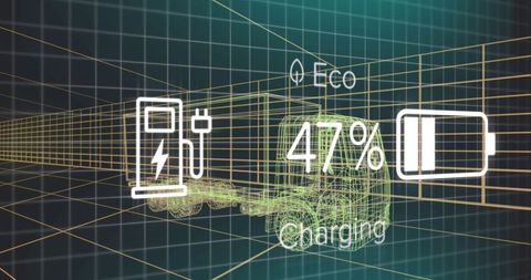 Futuristic Electric Truck Charging Amidst Digital Grid 3D Concept