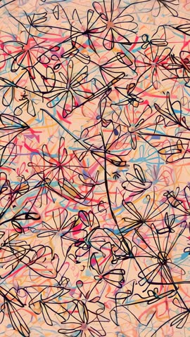 Vertical video showing abstract floral mural with scribbled line art and vivid color overlays