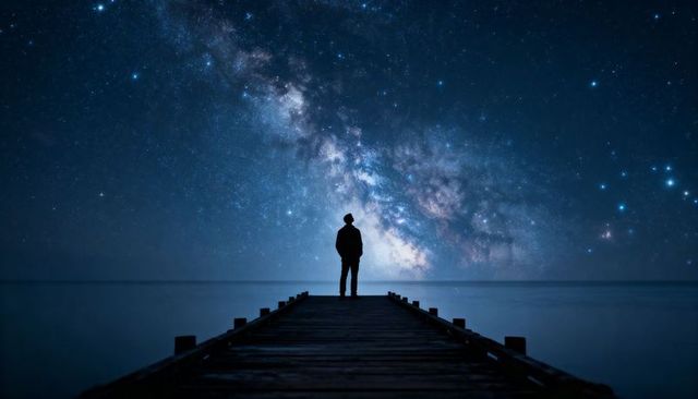 Silhouette standing on wooden pier under milky way night sky over calm water