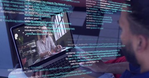 Remote developer collaborating via video while coding with laptop reflections and code overlays