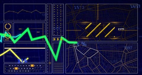 Displaying neon green jagged line on futuristic analytics dashboard with wireframe maps