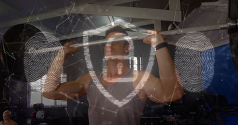 Muscular man pressing barbell overhead with biometric fingerprint shield overlay