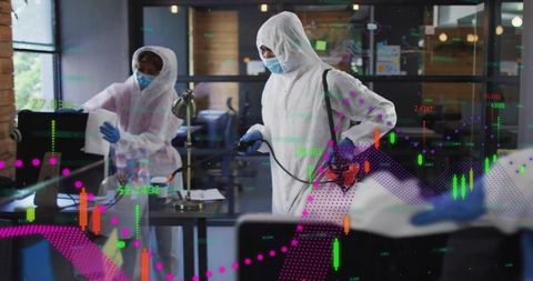 Disinfecting team spraying modern office in protective suits with stock market data overlay