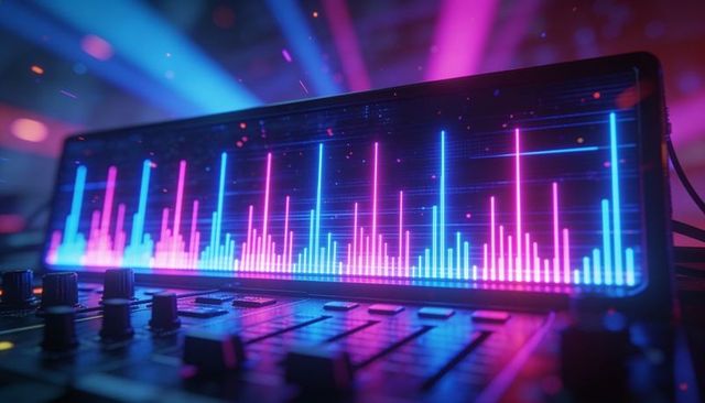 Neon led spectrum analyzer displaying pulsing audio levels on dj mixing console