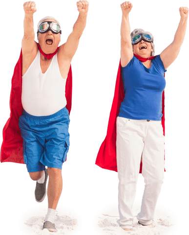 Senior Couple Dressed as Superheroes Standing with Arms Raised on Transparent Background