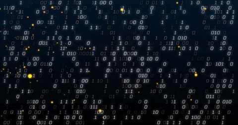 Streaming binary code cascading over dark gradient background with glowing neon particles