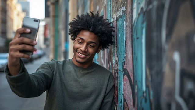 Smiling black man taking selfie while leaning against graffiti wall on urban sidewalk