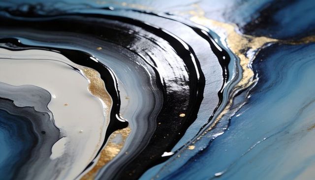 Blue black metallic resin pour flowing with gold veins - abstract fluid art closeup