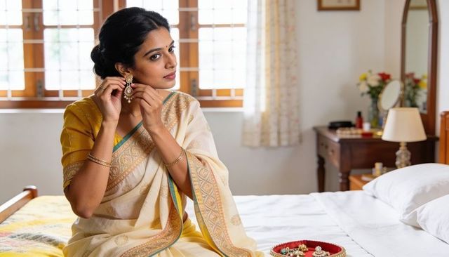 Fastening ornate gold jhumka earring while dressing in cream and gold saree
