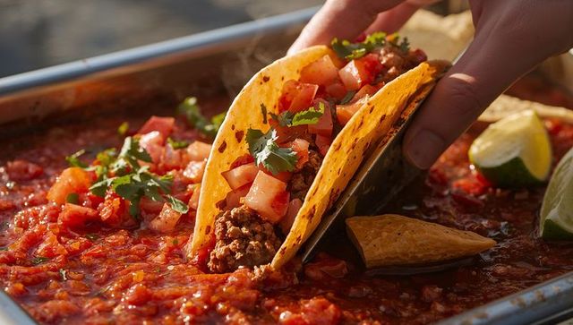 Hand Holding Beef Taco Overtray Filled with Vibrant Salsa and Fresh Toppings