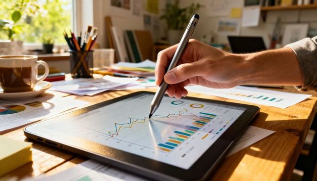 Analyzing tablet analytics dashboard with stylus on sunlit home office desk