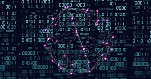 Futuristic Digital Network Sphere Rotating with Binary Code and Glowing Social Nodes