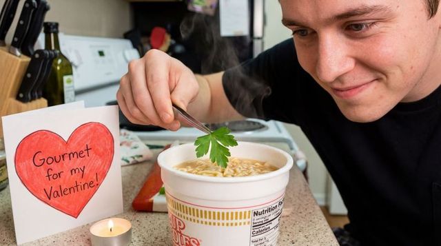 Man placing parsley garnish into instant noodle cup beside homemade valentine card